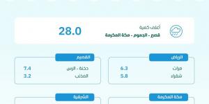 مكة المكرمة تسجّل أعلى كمية لهطول الأمطار ب 28.0 ملم في قصير بالجموم