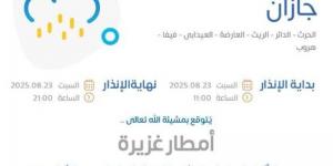 المركز الوطني للأرصاد: أمطار غزيرة على منطقة جازان ‎