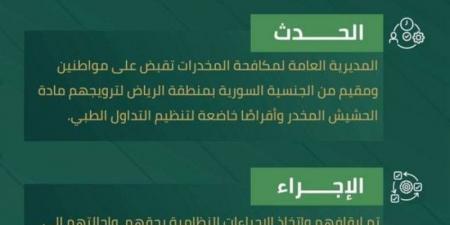القبض على 3 أشخاص بالرياض لترويجهم الحشيش وأقراصًا خاضعة لتنظيم التداول الطبي