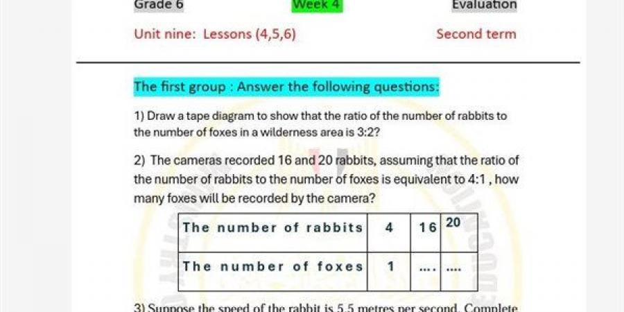 أسئلة تقييمات الاسبوع الرابع في الرياضيات لغات الصف السادس الابتدائي