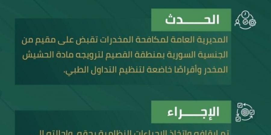 القبض على مقيم بالقصيم لترويجه الحشيش وأقراصًا خاضعة لتنظيم التداول الطبي