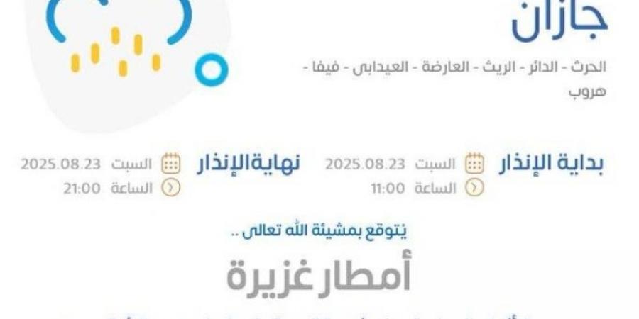 المركز الوطني للأرصاد: أمطار غزيرة على منطقة جازان ‎